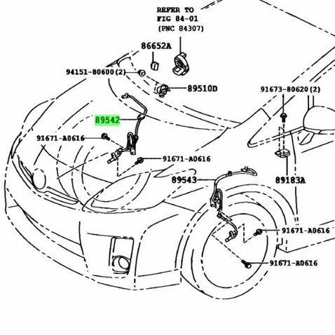Lexus CT200h ABS wheel speed sensor fitment diagram showing front left 89543-47030 and front right 89542-47030 positions