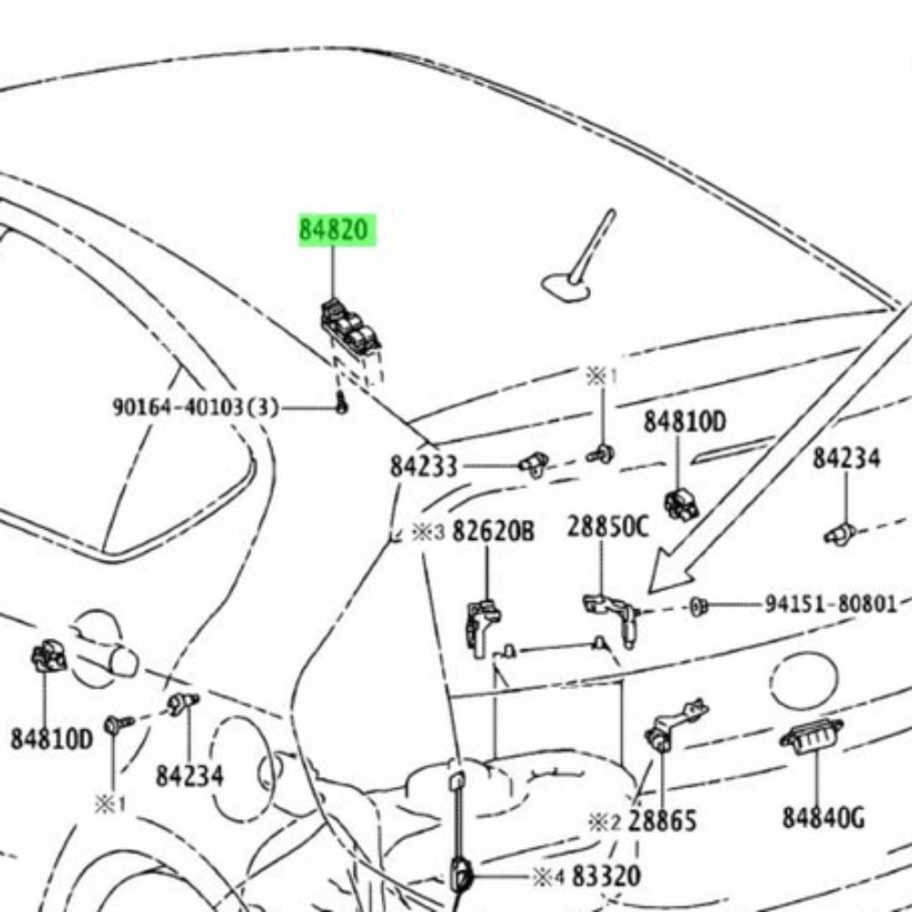 Diagram of Toyota Aqua power shutter switch button panel and wiring connector