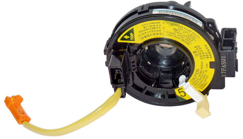 A close-up image showing the yellow and white electrical connectors of the Toyota RAV4 airbag spiral cable to ensure compatibility.