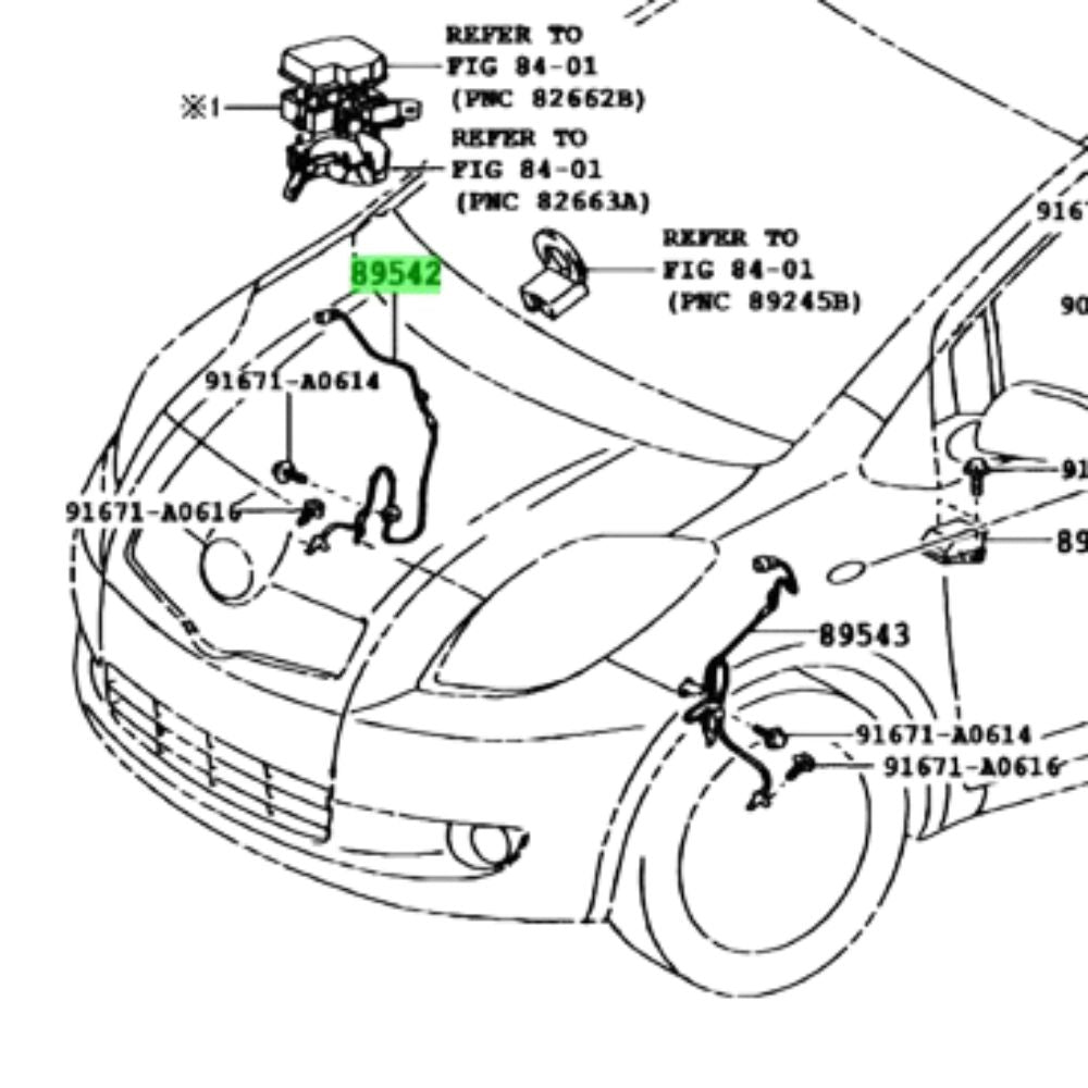 Toyota Vitz ABS sensor installation diagram for SCP90, KSP90 and KSP130, front right 89542-52030/89542-52090 and front left 89543-52030/89543-52090