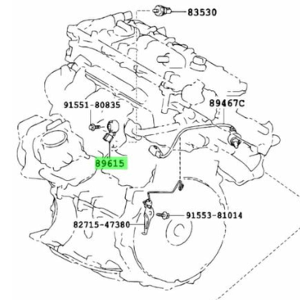 Toyota Vitz KSP130/KSP90/SCP13/SCP90 knock sensor installation diagram, part number 89615-20090