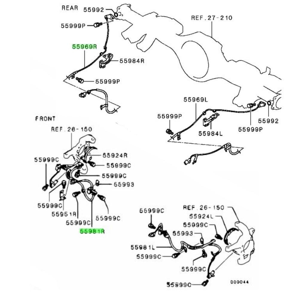 Mitsubishi Montero Sport ABS sensor installation diagram, front right MN102574, front left MN102573, rear right 4670A600, rear left 4670A599