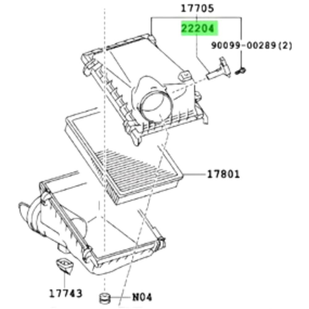 Toyota Allion mass air flow sensor installation diagram for NZT240, AZT240, ZZT245, NZT260, ZRT260, ZRT265, ZRT261 models