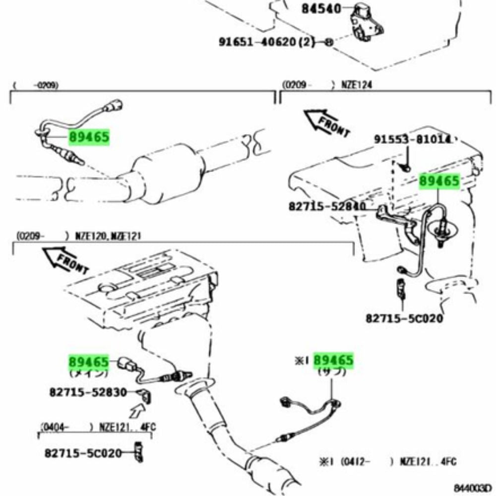 Toyota Allion oxygen sensor installation diagram by chassis and engine code