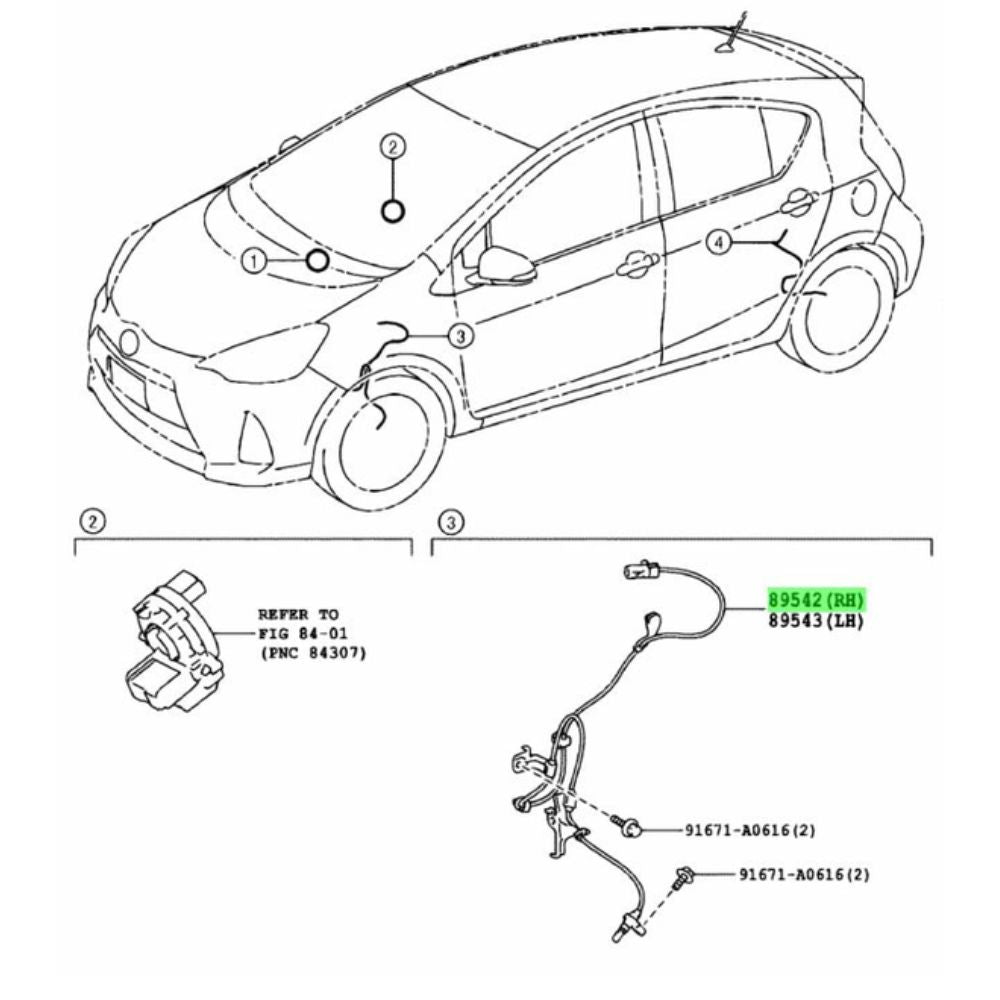 Toyota Aqua NHP10 ABS sensor installation diagram, front right 89542-52100 and front left 89543-52100