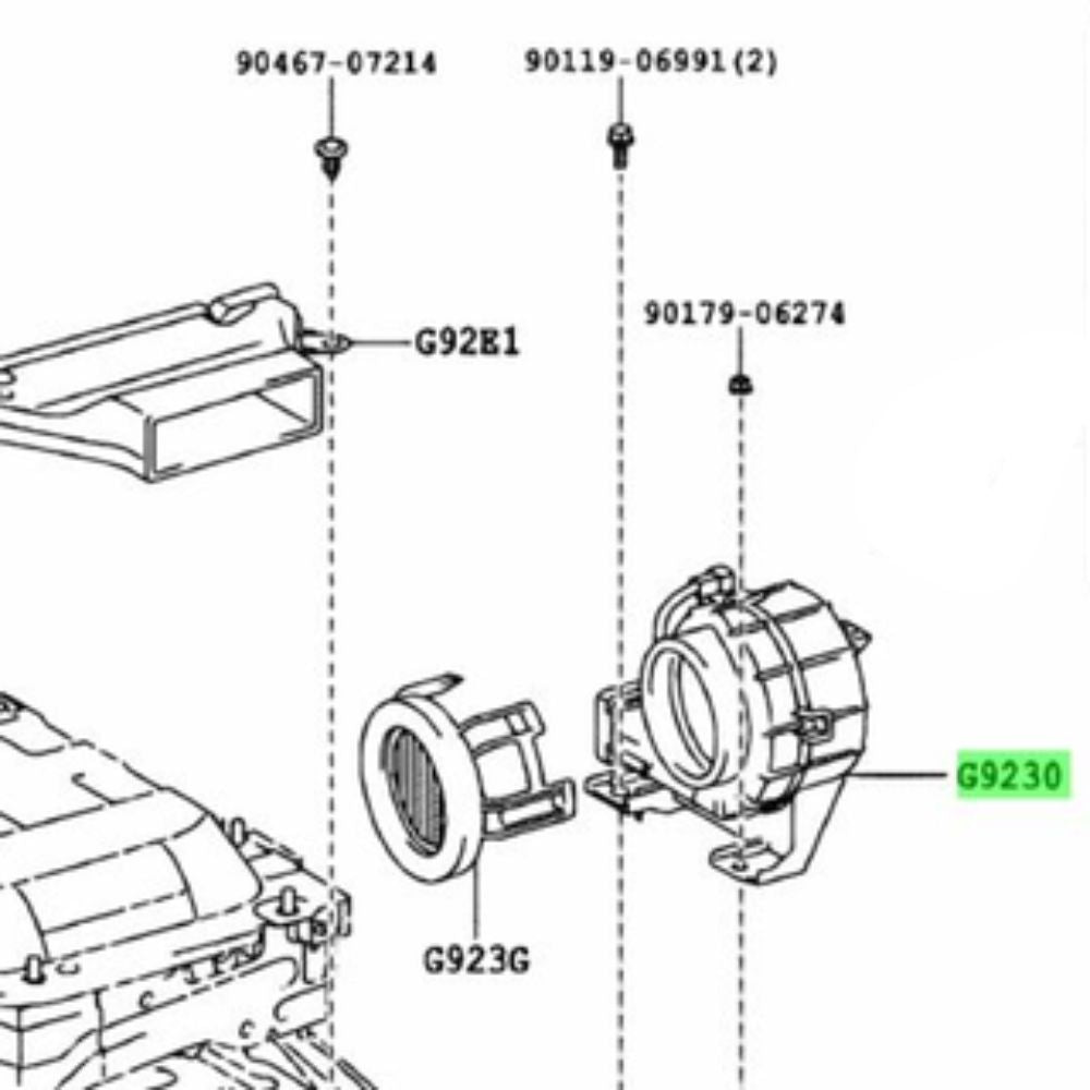 Toyota Aqua NHP10 battery cooling blower installation diagram under rear seat, part number G9230-52010
