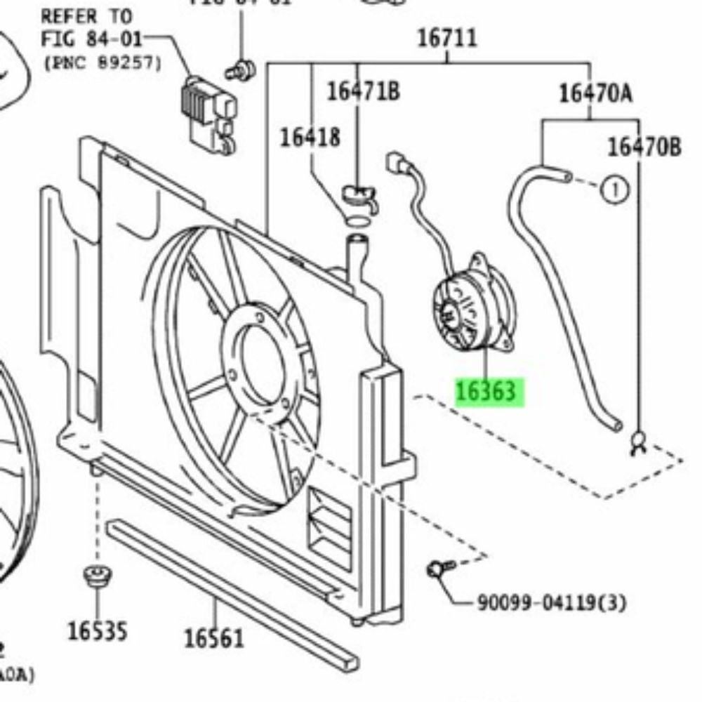 Toyota Aqua NHP10 cooling fan motor installation diagram, part number 16363-21060