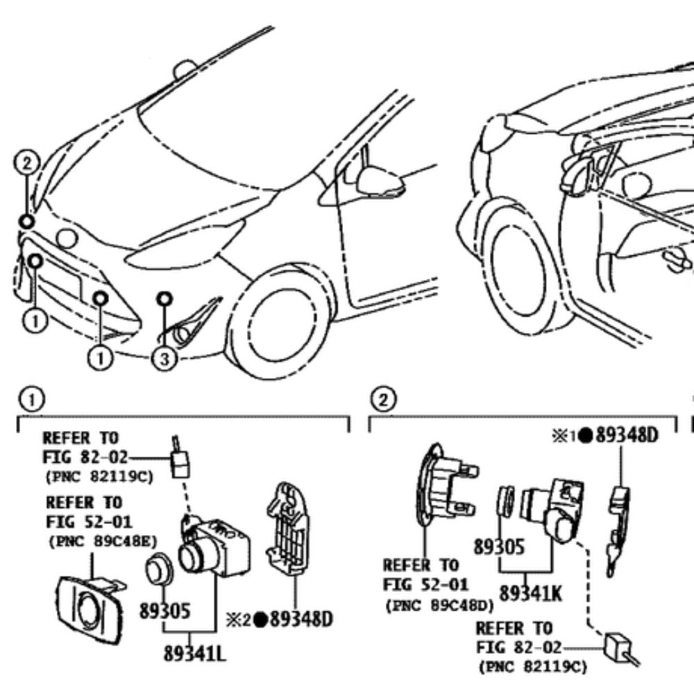 Toyota Aqua NHP10 front bumper corner parking sensor installation diagram, part number 89341-33220