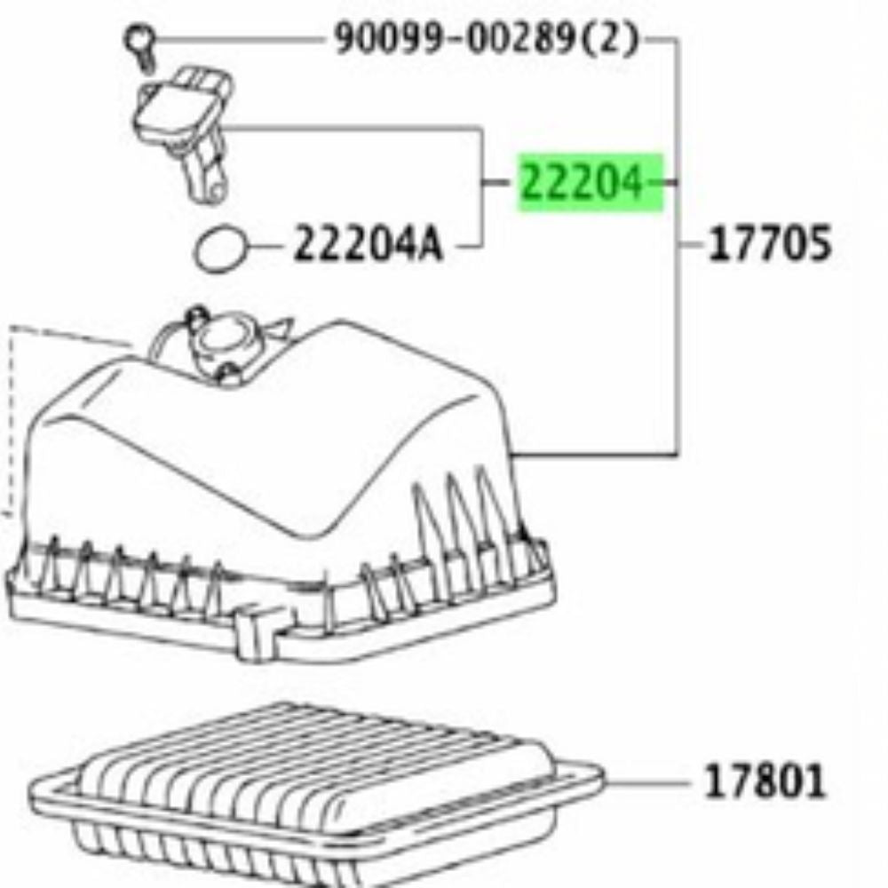 Toyota IST mass air flow sensor installation diagram for NCP60 and NCP110 models