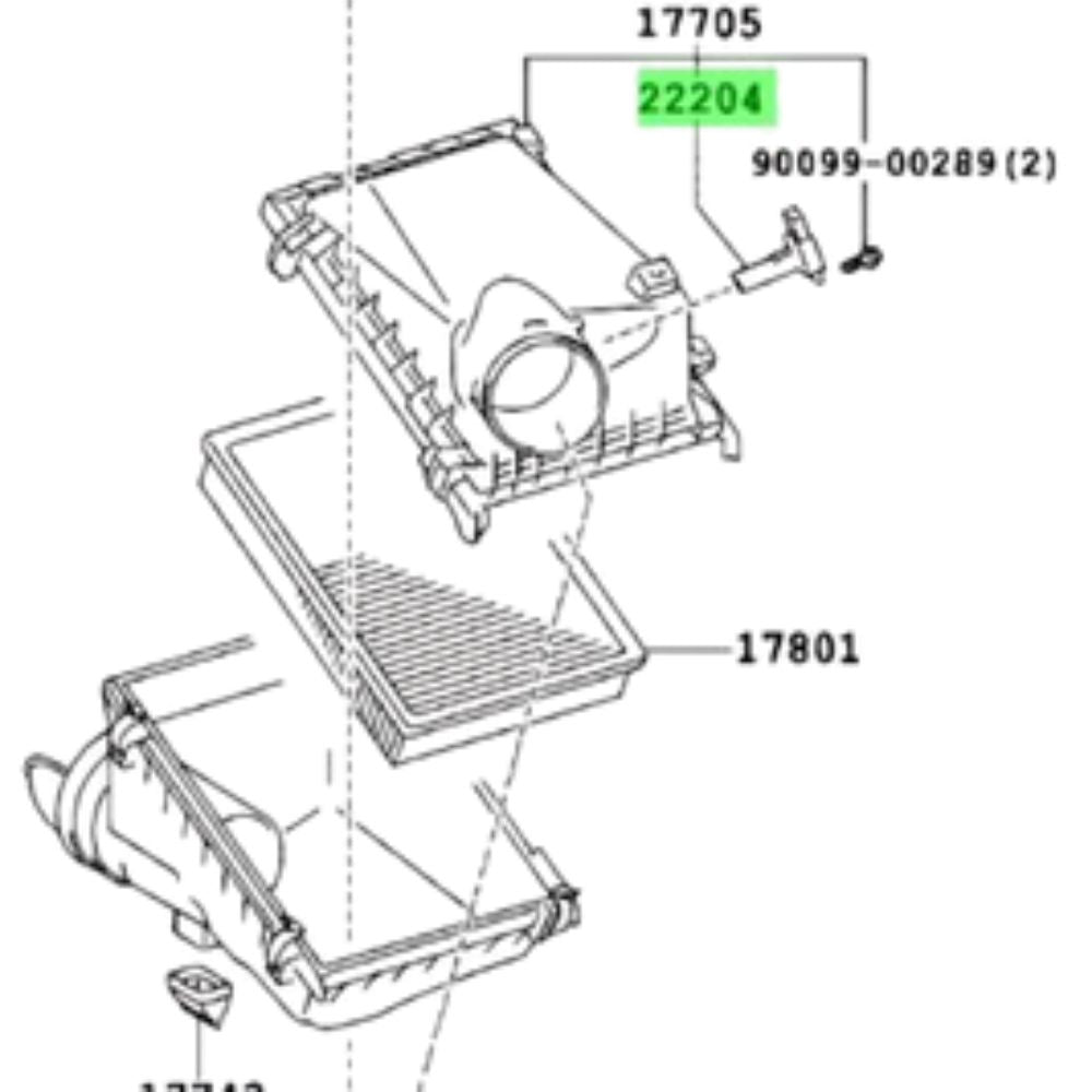 Toyota Prius mass air flow sensor fitment diagram NHW20 ZVW30 ZVW35 ZVW40 ZVW41, part 22204-28010