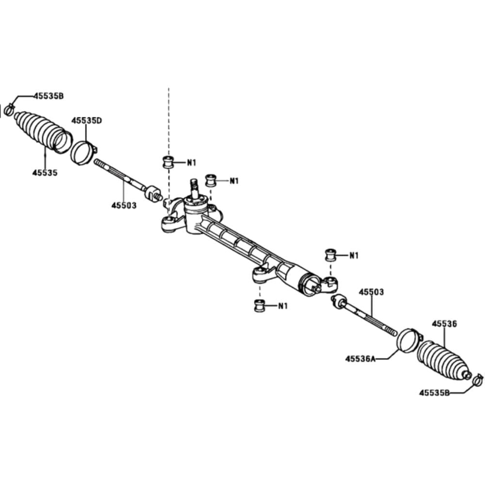 Toyota Prius steering rack and pinion installation diagram for NHW20 and ZVW30 models
