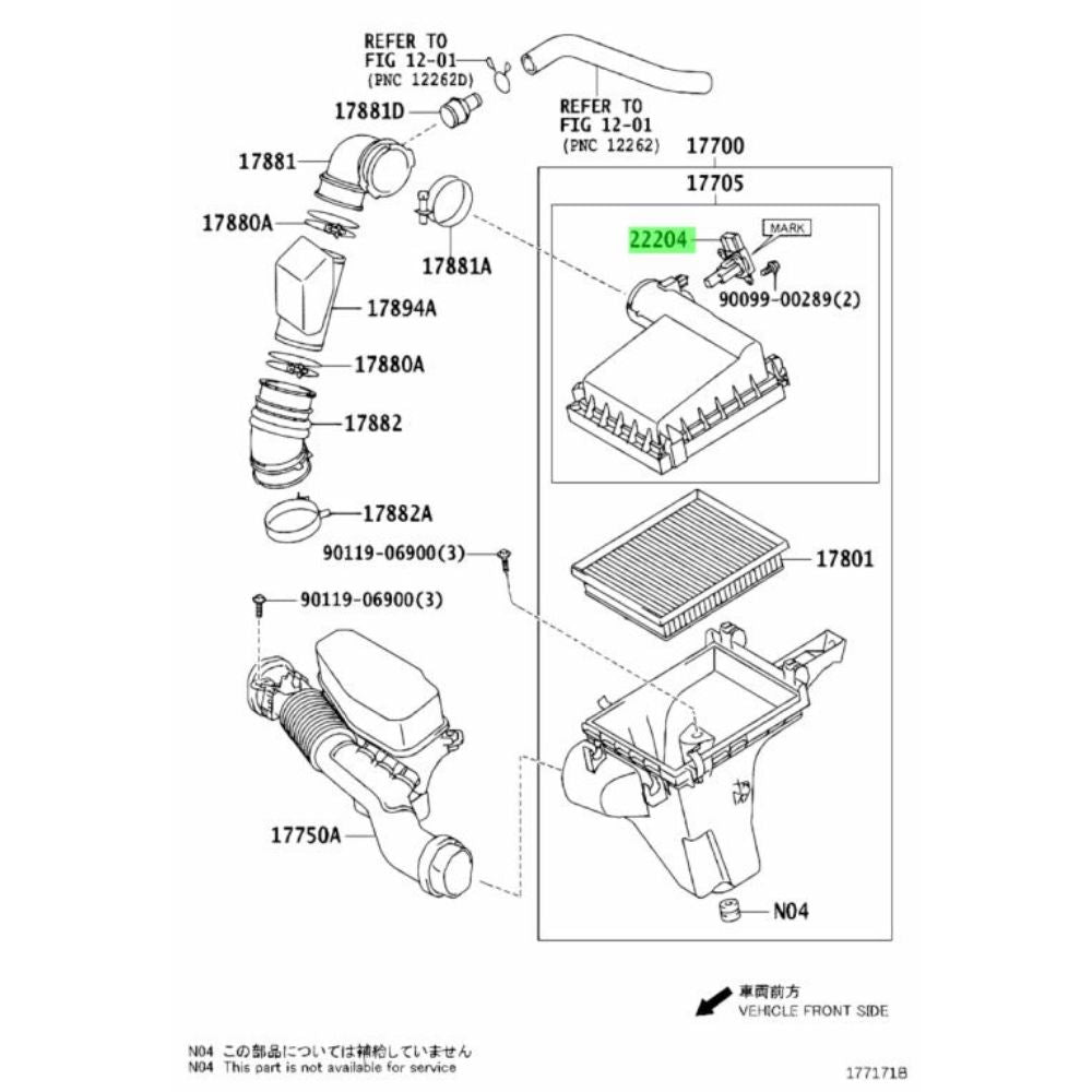 Toyota Sienta NHP170G mass air flow sensor installation diagram 22204-28010
